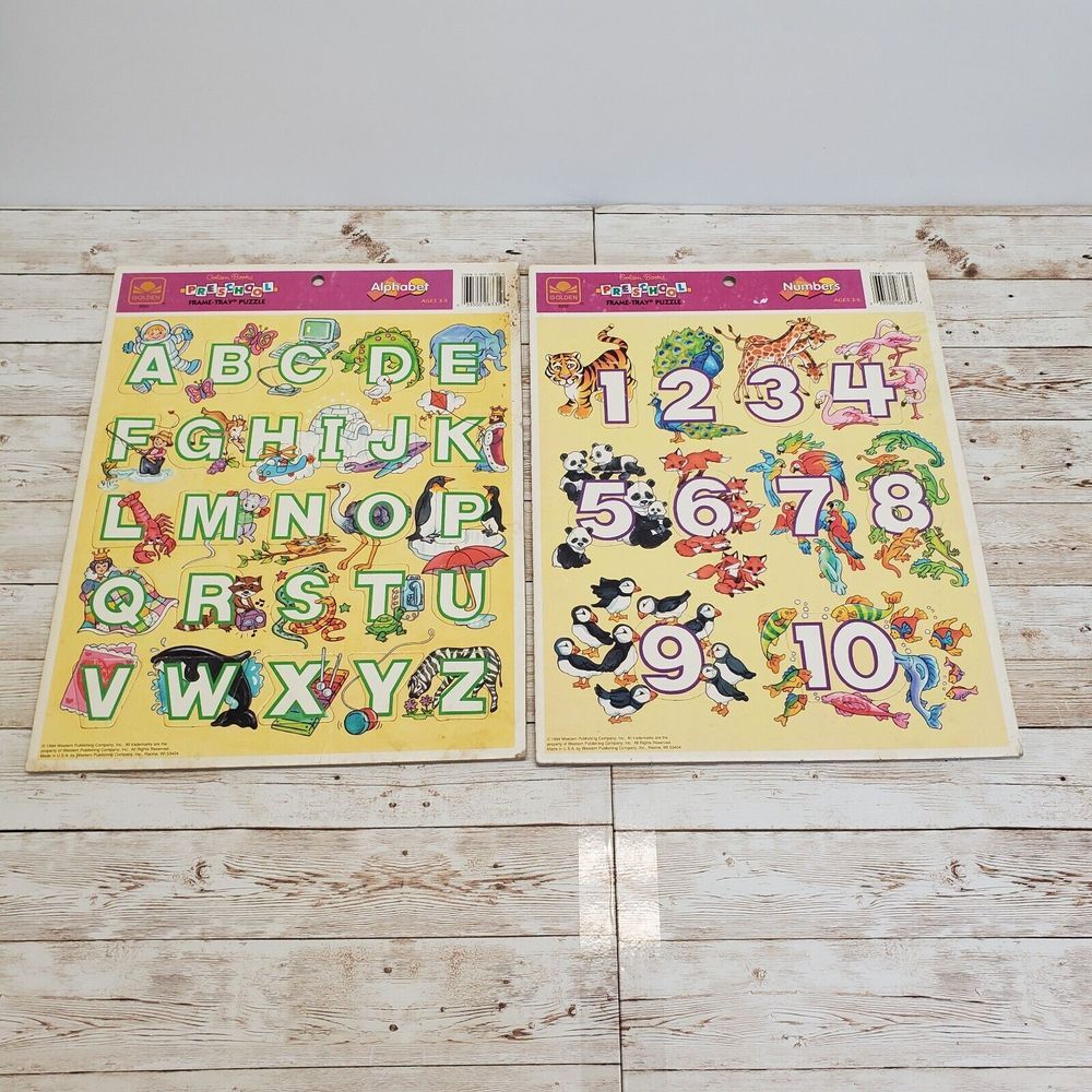 EUC VIntage Golden Frame-Tray Puzzles - lot of‎ 2 puzzles Alphabet & Numbers